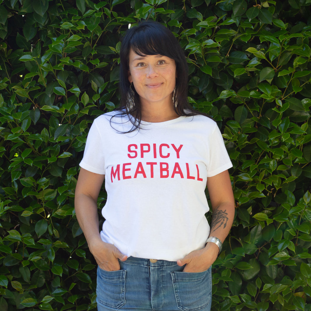 Beautiful model wears a Spicy Meatball t-shirt