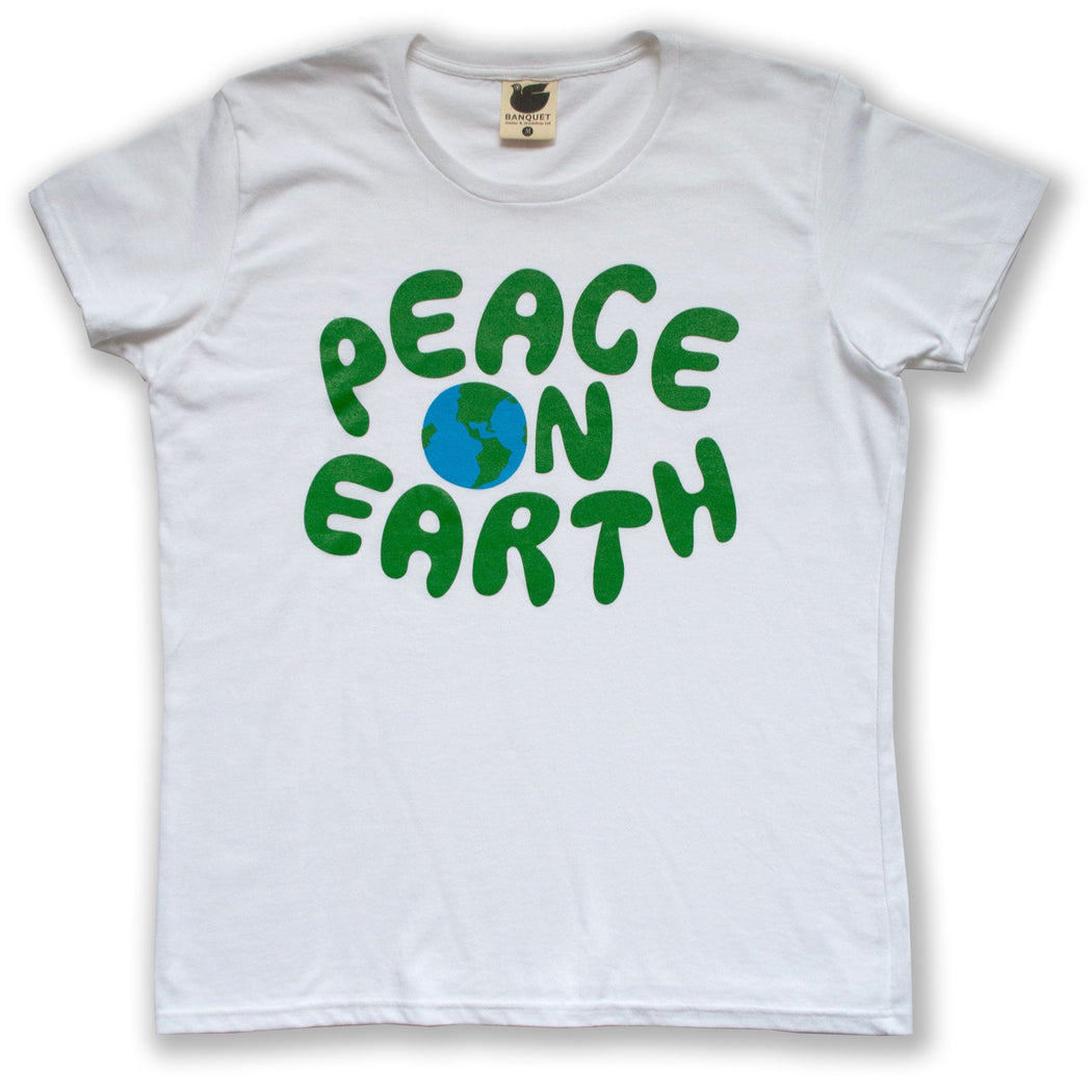 Peace on Erath T-shirt with a green and blue globe