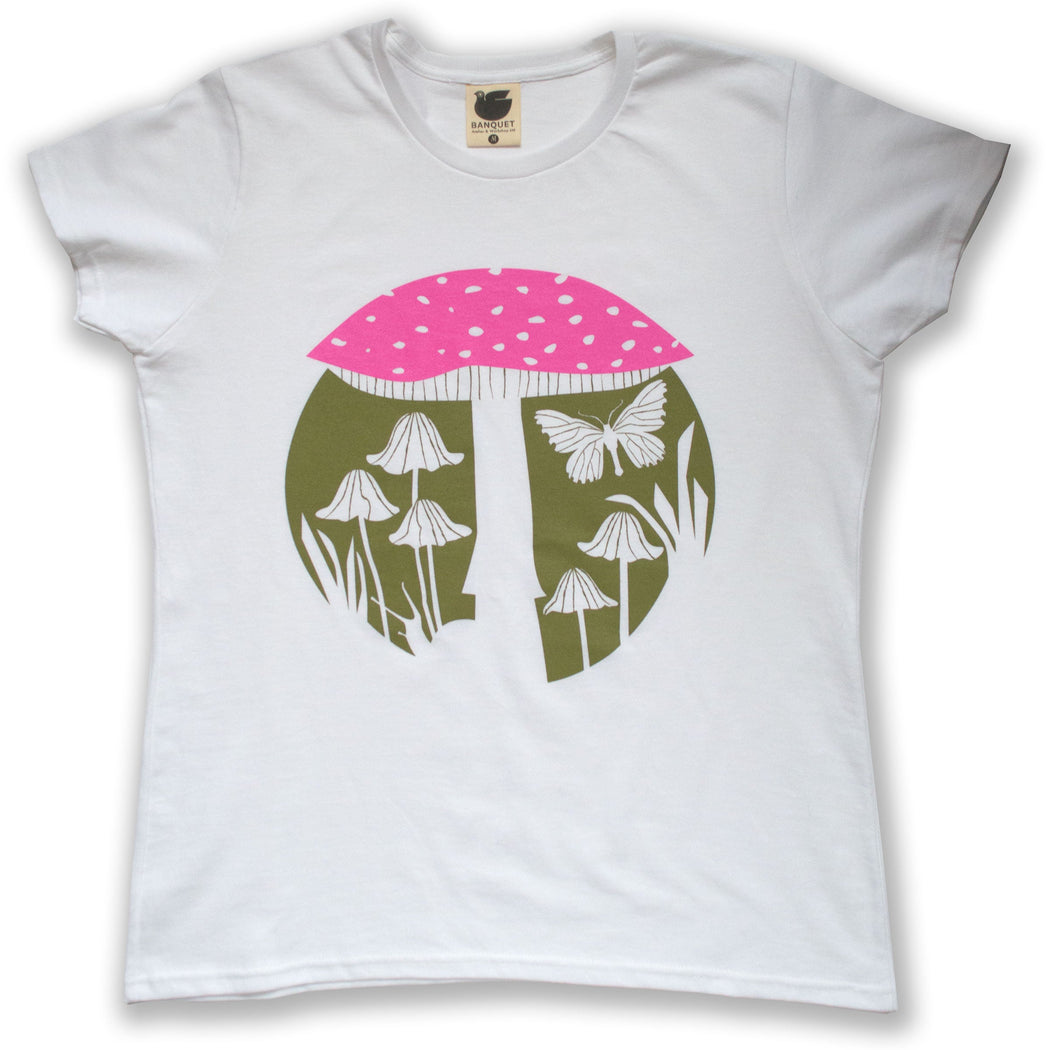 msuhroom t-shirt with an amanita, moth, and tiny garden shrooms