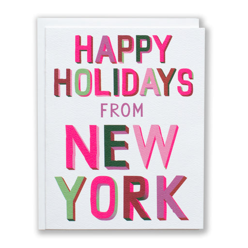 Happy Holidays from New York in multicoloured block lettering on a card