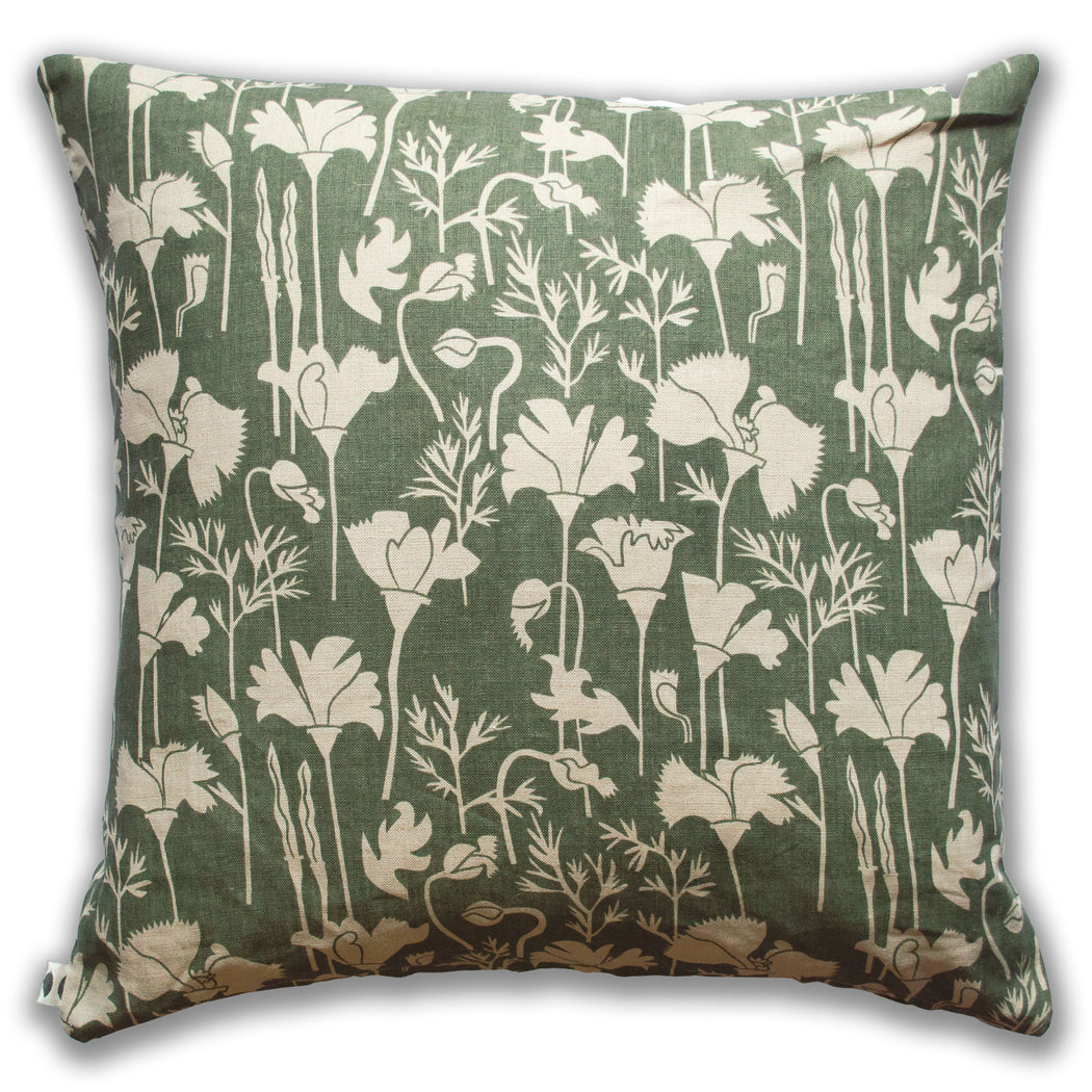 Khaki California Poppies 100% Linen Pillow Cover