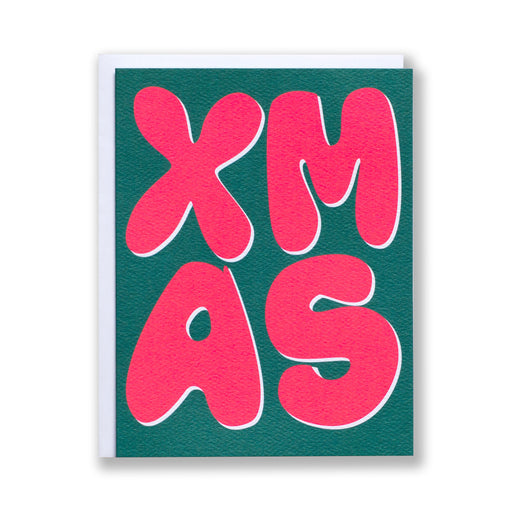 Bright neon XMAS (with an X!) greeting on an emerald green background