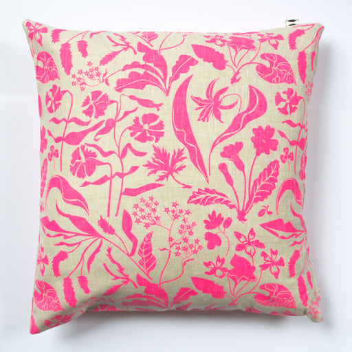 Spring Wildflowers screen printed in neon pink on a natural linen pillow