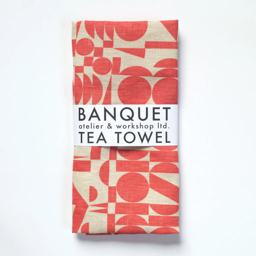 All-Linen Tea Towel Screen Printed with Tomato-Soup Red Geometrics