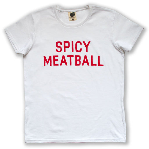white t-shirt reads Spicy Meatball in graphic and classic red type