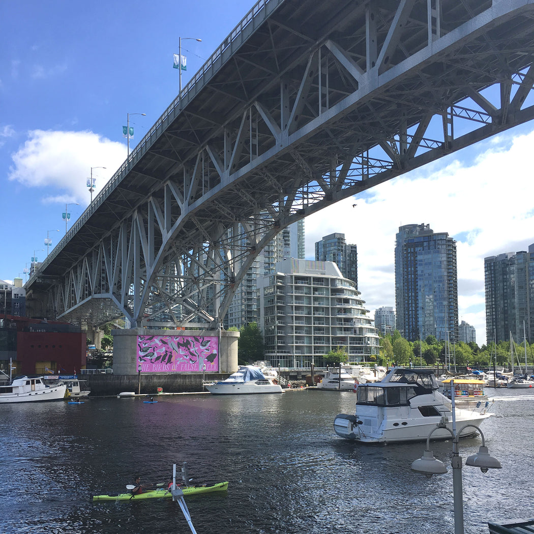 Birds of false Creek mural with boats under the Granville Street Bridge in Vancouver BC